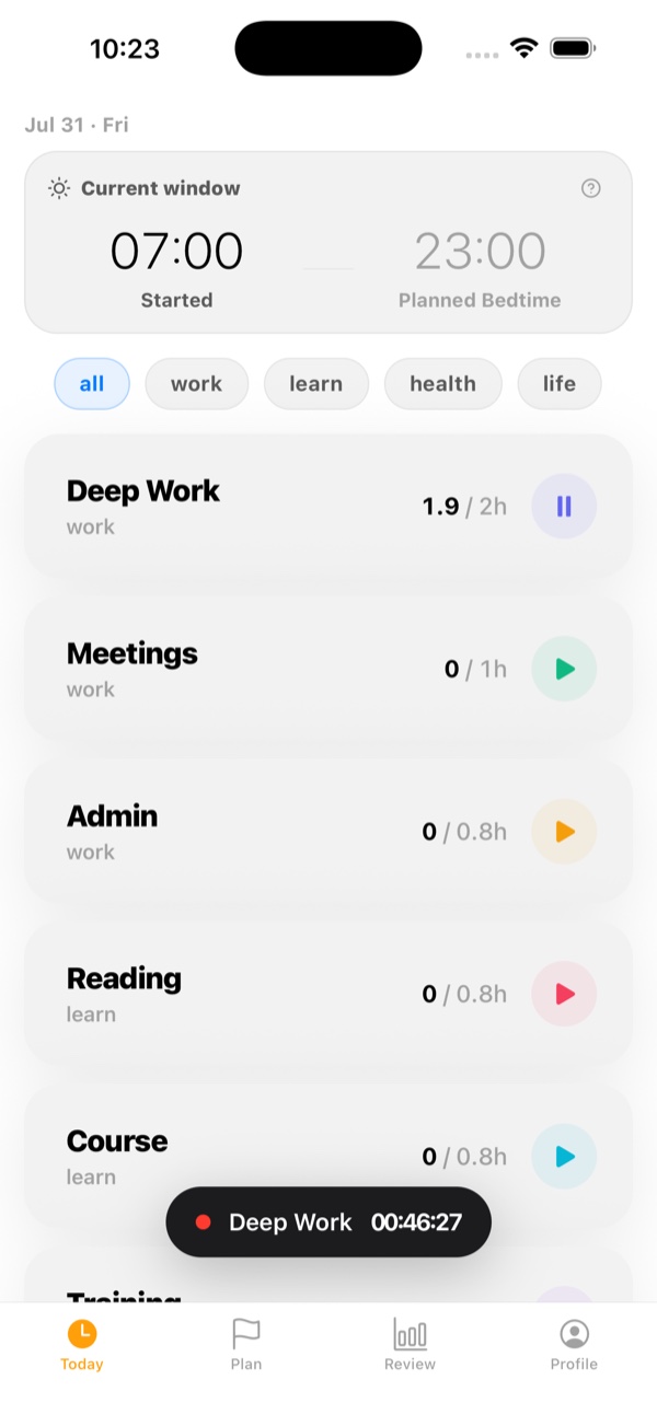 The Own24 Today screen on iPhone: a current window running from 07:00 to a planned bedtime of 23:00, category filters, and planned activities each showing hours logged against a goal with a start button. A live pill at the bottom reads Deep Work 00:46:27.